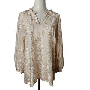 Soft Surroundings Small Floral Embroidered Jacquard Blouse Ivory Semi Sheer EUC!